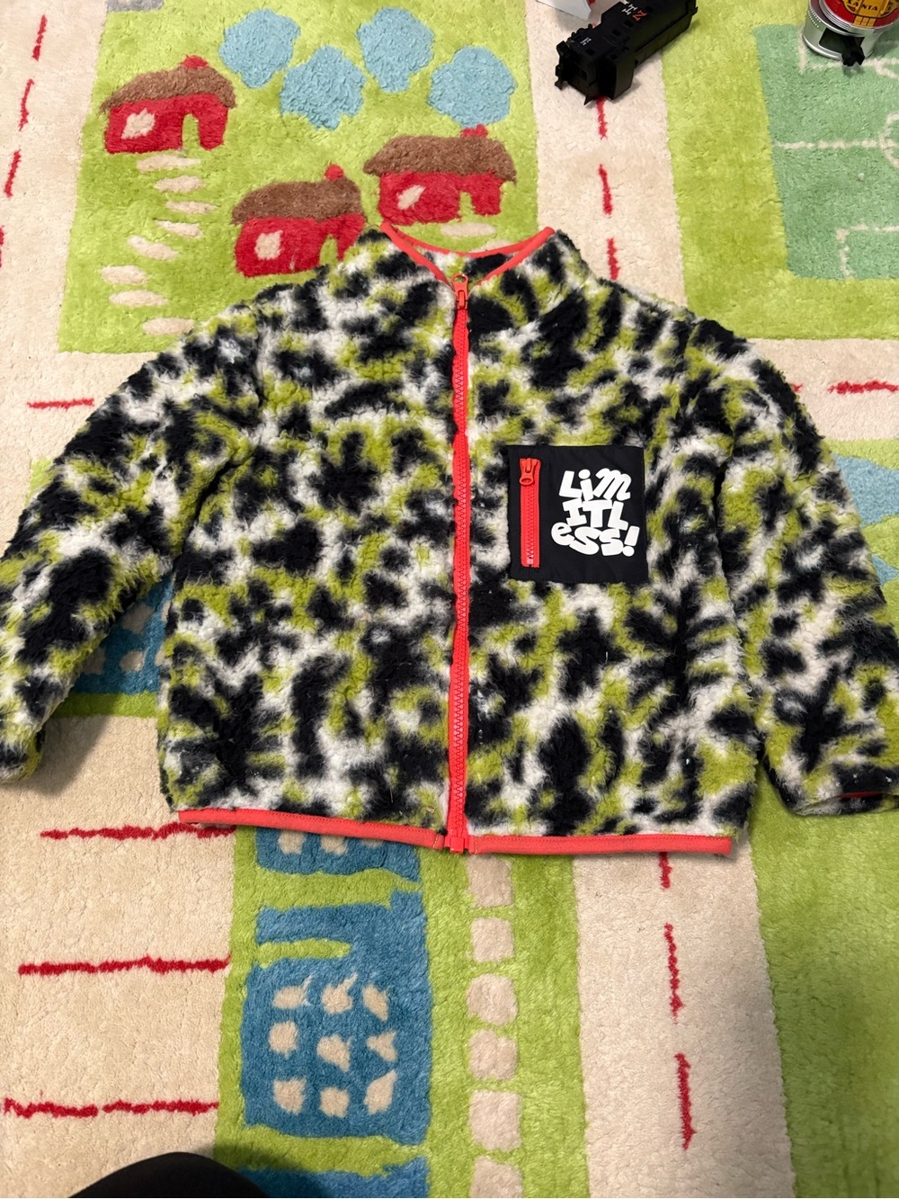 Target Kids Fuzzy Puffer Jacket in Black, White & Lime with Coral Trim 5T